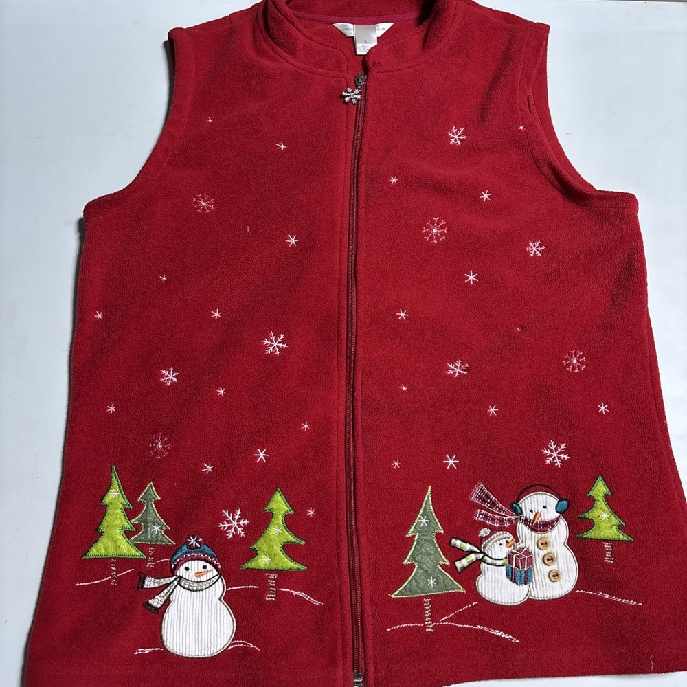 Vtg Christopher & Banks Sz Large Red Fleece Zip Up Vest Snowman Christmas